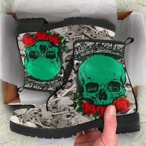 Red Roses Green Skulls Women's Vegan Leather Boots, Winter Rainbow