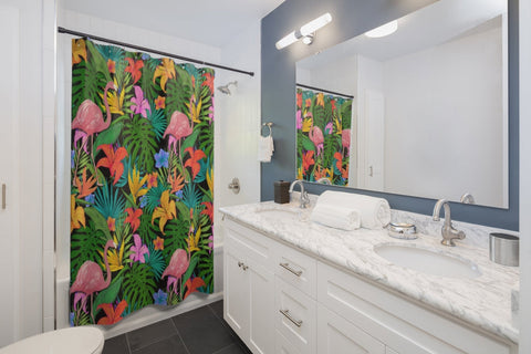 Image of Green Tropical Leave Flower Pink Flamingo Multicolored Colorful Shower Curtains,