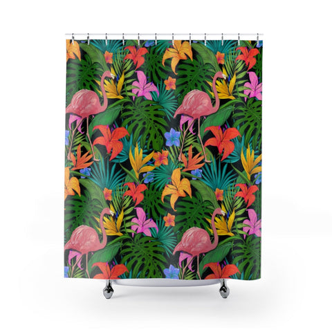 Image of Green Tropical Leave Flower Pink Flamingo Multicolored Colorful Shower Curtains,