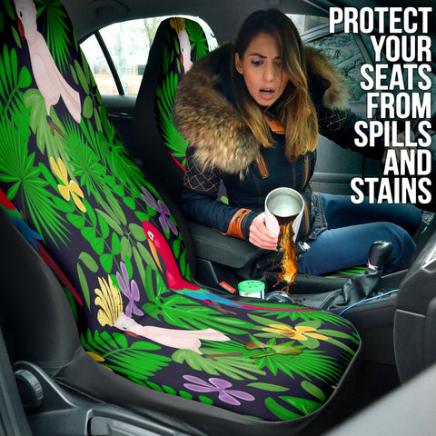Image of Green Tropical Floral Leaves and Parrot Car Seat Covers, Exotic Front Seat