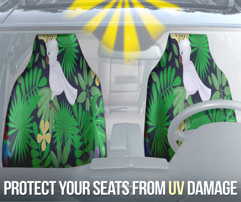 Image of Green Tropical Floral Leaves and Parrot Car Seat Covers, Exotic Front Seat