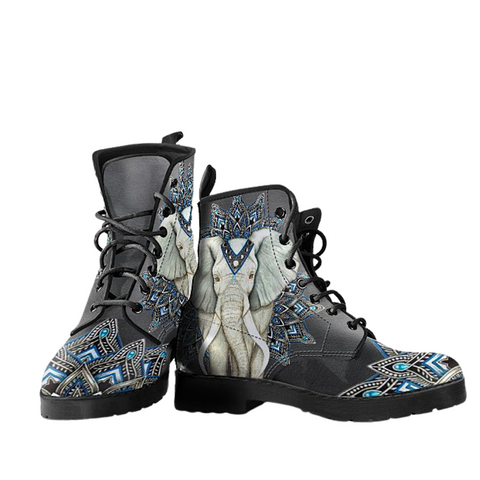 Image of Elephant Grey Mandala, Women's Vegan Leather Boots, Lace,Up Boho Hippie Style,