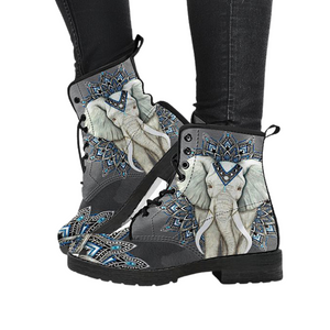 Elephant Grey Mandala, Women's Vegan Leather Boots, Lace,Up Boho Hippie Style,