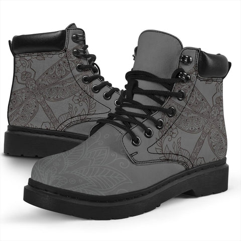 Image of Grey Floral Dragonfly Suede All Season Boots,Vegan ,Rain Boots,Leather Boots Women,Women Girl Gift,Handmade Boots,Streetwear