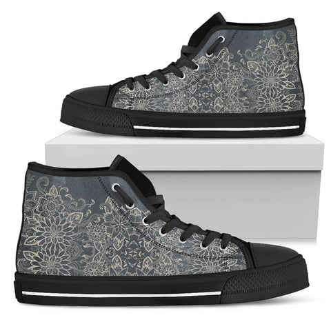 Image of Grey Floral Paisley Streetwear, Hippie, Spiritual, Multi Colored, High Tops Sneaker, Canvas Shoes, High Quality,Handmade Crafted