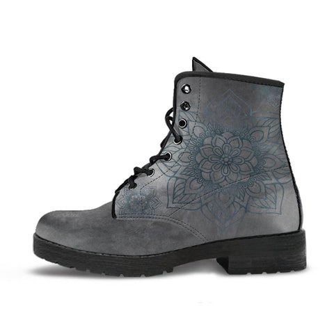 Image of Grey Grunge Mandala Vegan Leather Women's Boots, Handcrafted Hippie Streetwear, Stylish Classic Boot, Ideal Gift for Women and Girls