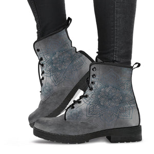 Grey Grunge Mandala Vegan Leather Women's Boots, Handcrafted Hippie Streetwear, Stylish Classic Boot, Ideal Gift for Women and Girls