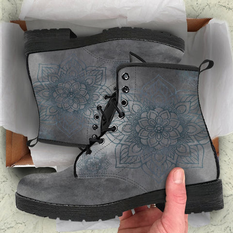 Image of Grey Grunge Mandala Vegan Leather Women's Boots, Handcrafted Hippie Streetwear, Stylish Classic Boot, Ideal Gift for Women and Girls