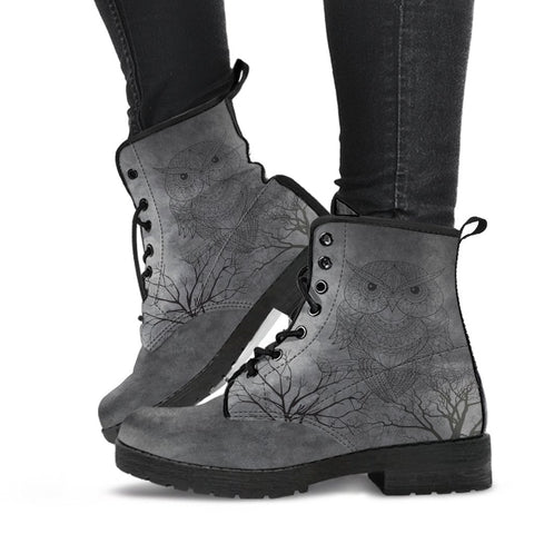Image of Grey Grunge Owl Branch Women's Leather Boots, Handcrafted Hippie Streetwear,