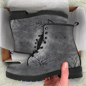 Grey Grunge Owl Branch Women's Leather Boots, Handcrafted Hippie Streetwear,