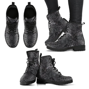Grey Mandala Women's Leather Boots, Handcrafted Vegan Leather, Lace Up Ankle