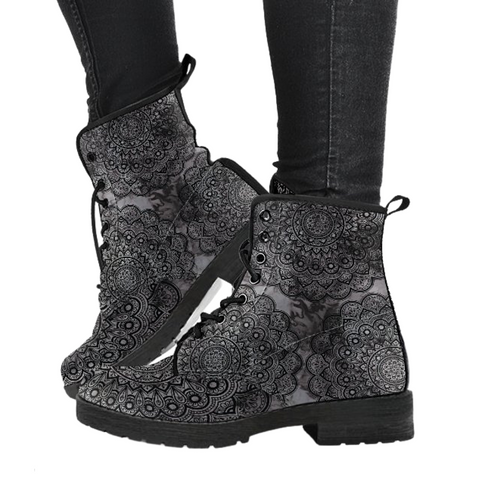 Image of Grey Mandala Women's Leather Boots, Handcrafted Vegan Leather, Lace Up Ankle