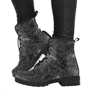 Grey Mandala Women's Leather Boots, Handcrafted Vegan Leather, Lace Up Ankle