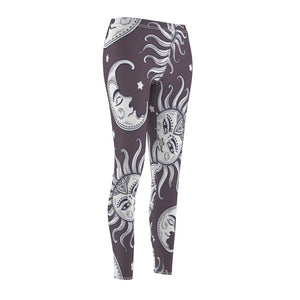 Grey Multicolored Sun Moon Women's Cut & Sew Casual Leggings, Yoga Pants,