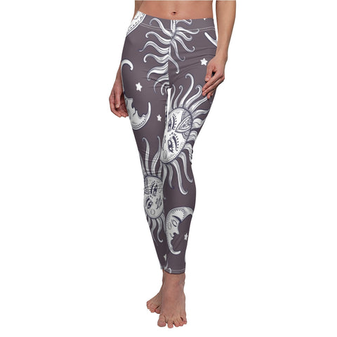 Image of Grey Multicolored Sun Moon Women's Cut & Sew Casual Leggings, Yoga Pants,