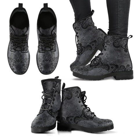 Image of Grey Paisley Women's Vegan Leather Boots, Handcrafted Premium Boots, Retro