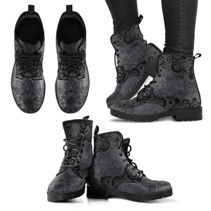 Grey Paisley Women's Vegan Leather Boots, Handcrafted Premium Boots, Retro