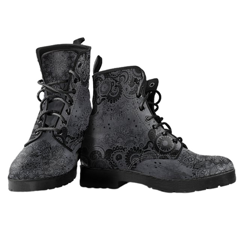 Image of Grey Paisley Women's Vegan Leather Boots, Handcrafted Premium Boots, Retro