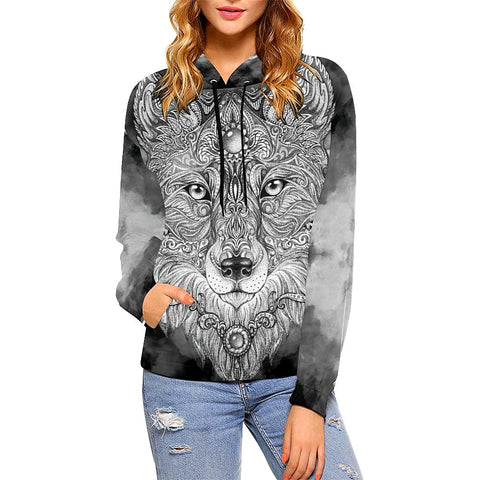 Image of Grey Wolf Womens Hoodie Handmade,Floral Colorful Feathers, Fashion Wear,Fashion Clothes