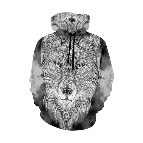 Image of Grey Wolf Womens Hoodie Handmade,Floral Colorful Feathers, Fashion Wear,Fashion Clothes