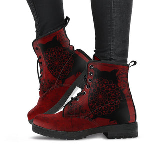 Dark Owl Red Women's Leather Boots, Hippie Grunge Streetwear, Stylish