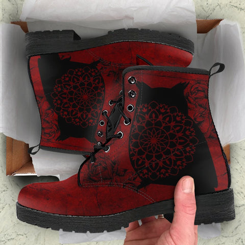 Image of Dark Owl Red Women's Leather Boots, Hippie Grunge Streetwear, Stylish