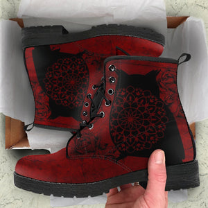 Dark Owl Red Women's Leather Boots, Hippie Grunge Streetwear, Stylish