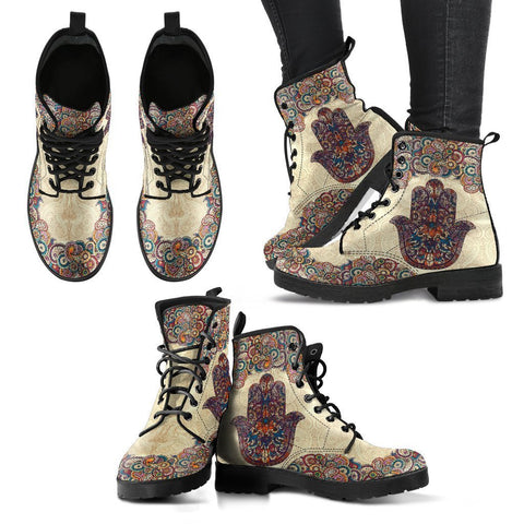 Image of Hamsa Hand Design Women's Vegan Leather Boots, Premium Handcrafted Military