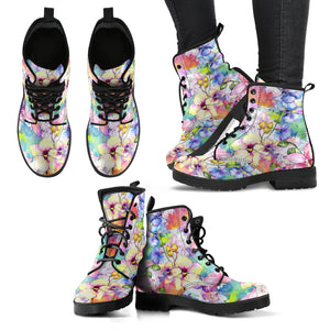Artistic Floral, Women's Multicolor Vegan Leather Boots, Handcrafted, Waterproof
