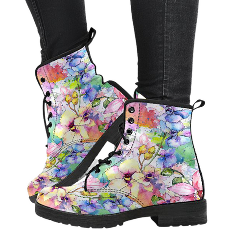 Image of Artistic Floral, Women's Multicolor Vegan Leather Boots, Handcrafted, Waterproof