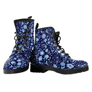 Artistic Floral, Women's Blue Vegan Leather Boots, Handcrafted, Waterproof