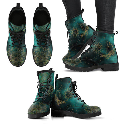 Image of Women's Teal Green Sun Moon Mandala Vegan Leather Boots , Handcrafted,