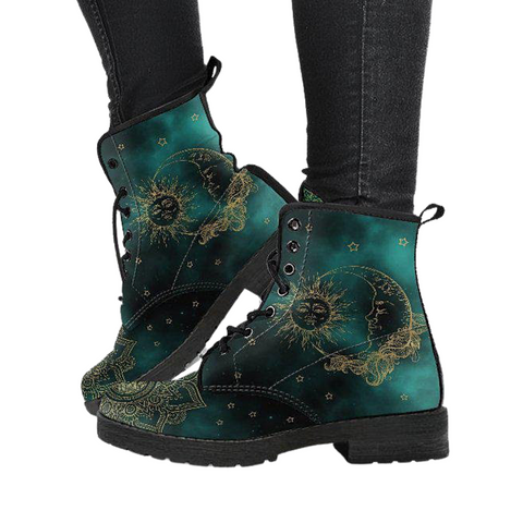Image of Women's Teal Green Sun Moon Mandala Vegan Leather Boots , Handcrafted,