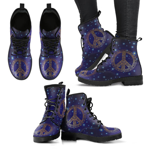 Image of Blue Peace Sign Star Lights Women's Vegan Leather Boots, Handmade Hippie Spiritual Rain Shoes, Streetwear, Mandala Design, Crafted Footwear