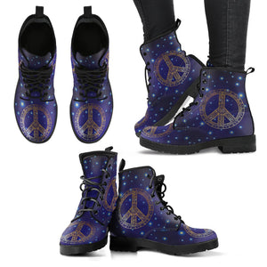Blue Peace Sign Star Lights Women's Vegan Leather Boots, Handmade Hippie Spiritual Rain Shoes, Streetwear, Mandala Design, Crafted Footwear