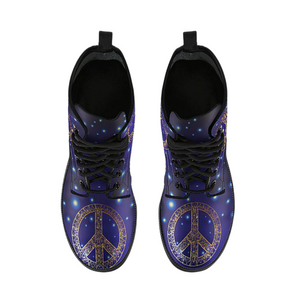 Blue Peace Sign Star Lights Women's Vegan Leather Boots, Handmade Hippie Spiritual Rain Shoes, Streetwear, Mandala Design, Crafted Footwear