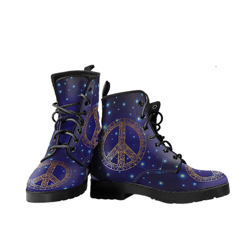Image of Blue Peace Sign Star Lights Women's Vegan Leather Boots, Handmade Hippie Spiritual Rain Shoes, Streetwear, Mandala Design, Crafted Footwear