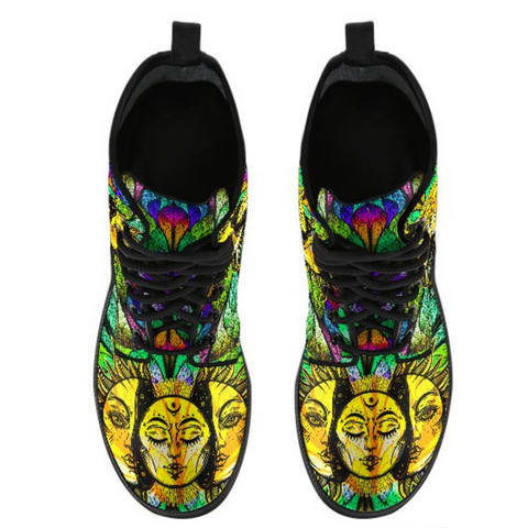 Image of Green Yellow Sun Moon Women's Vegan Leather Boots, Hippie Spiritual