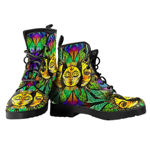 Green Yellow Sun Moon Women's Vegan Leather Boots, Hippie Spiritual