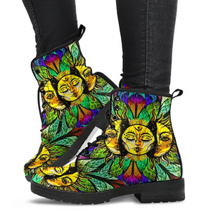 Green Yellow Sun Moon Women's Vegan Leather Boots, Hippie Spiritual