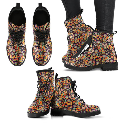 Image of Bird & Floral Pattern Vegan Leather Boots for Women, Handcrafted Hippie Ankle
