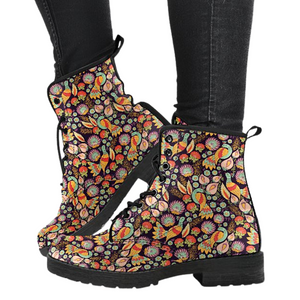 Bird & Floral Pattern Vegan Leather Boots for Women, Handcrafted Hippie Ankle