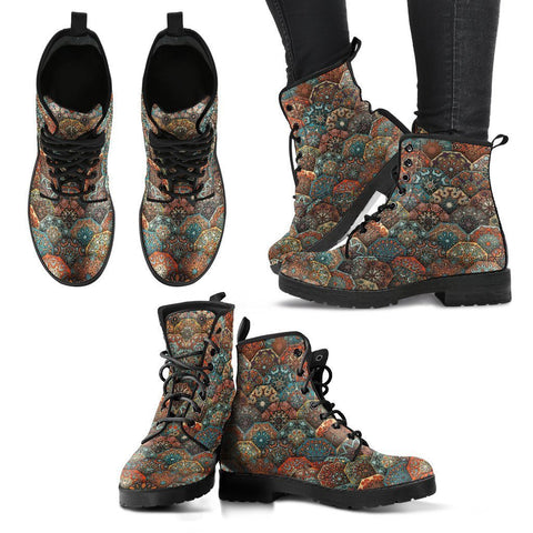 Image of Handcrafted Mandalas, Women's Vegan Leather Boots, Bohemian Hippie Ankle Boots, Boho Style