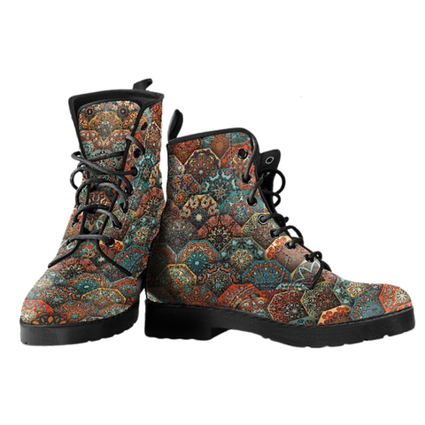Image of Handcrafted Mandalas, Women's Vegan Leather Boots, Bohemian Hippie Ankle Boots, Boho Style
