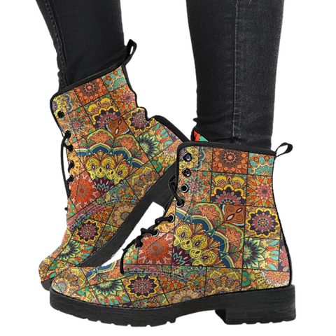 Image of Handcrafted Mandala Pattern, Women's Vegan Leather Boots, Boho Hippie Ankle