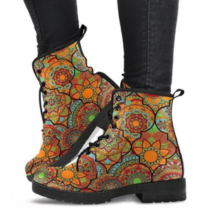 Handcrafted Mandala Pattern, Women's Vegan Leather Boots, Boho Hippie Ankle