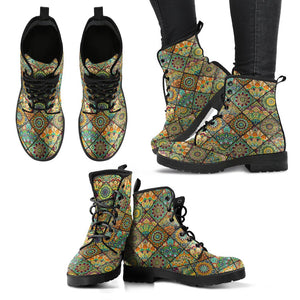 Vegan Leather Boots, Women's Bohemian Ankle Boots, Mandalas,Embossed,