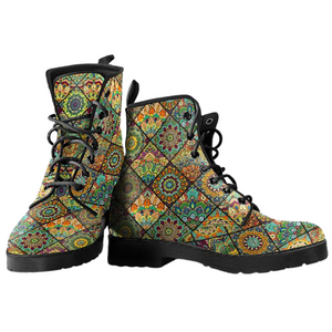 Vegan Leather Boots, Women's Bohemian Ankle Boots, Mandalas,Embossed,