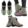Green Pink Lotus Flower Vegan Leather Boots, Women's Handcrafted Cosmos Galaxy