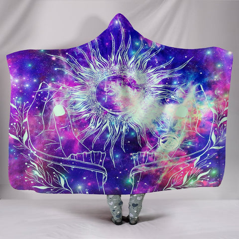 Image of Hands Holding Sun And Moon Colorful Galaxy Hooded blanket,Blanket with Hood,Soft Blanket,Hippie Hooded Colorful Throw,Vibrant Pattern